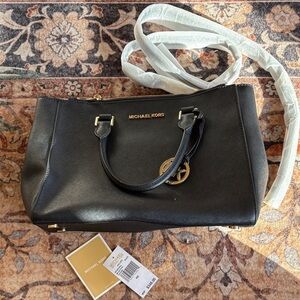 Michael Kors Black Leather Satchel with Gold Hardware
